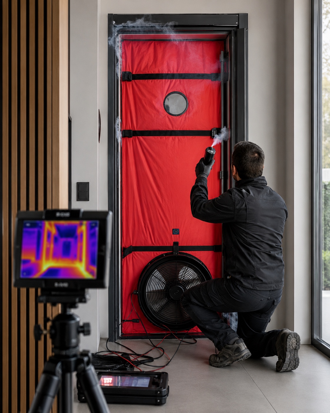 Técnico localizando fugas con humo y termografía durante ensayo Blower Door
