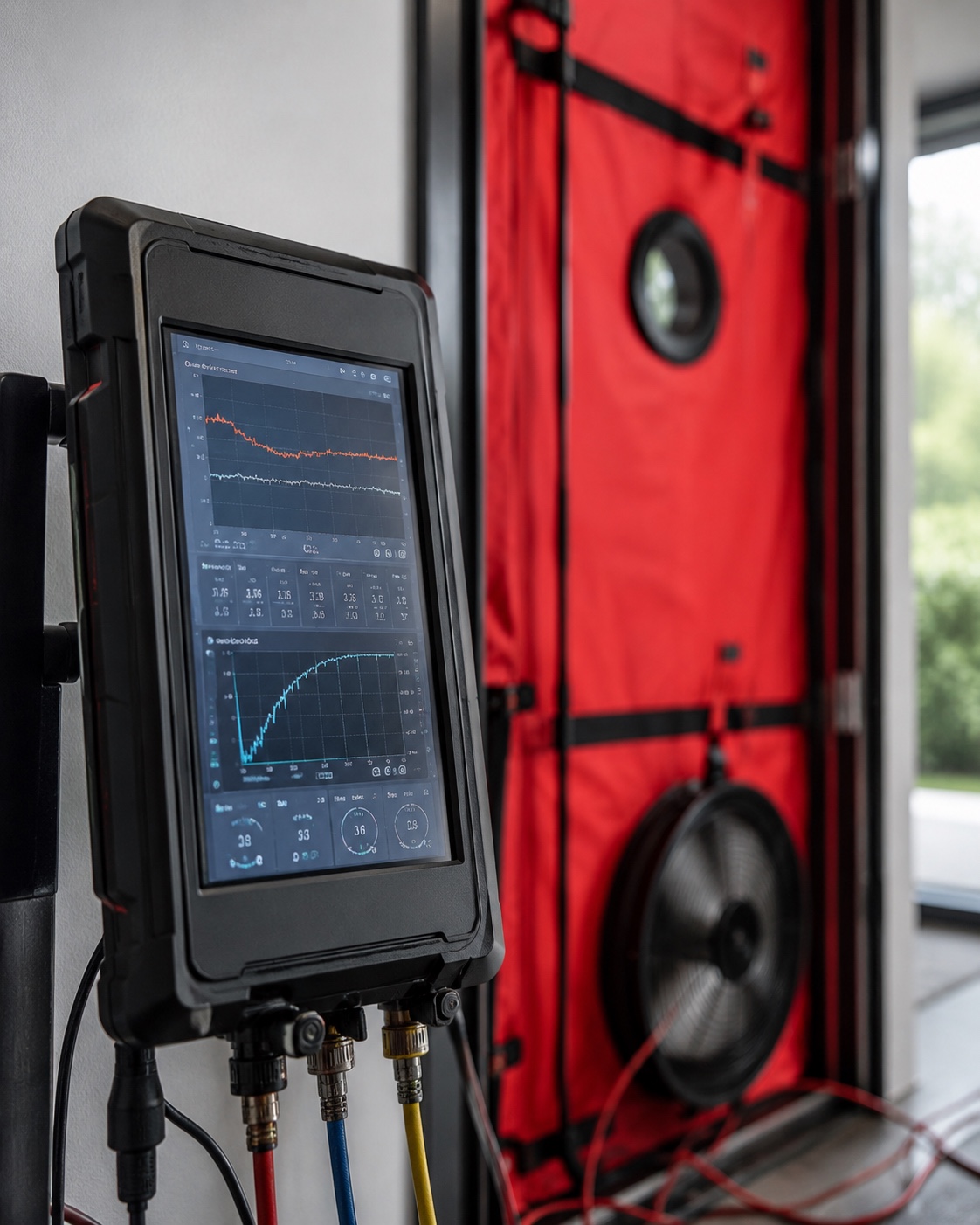 Pantalla técnica con curvas de caudal y presión durante ensayo Blower Door