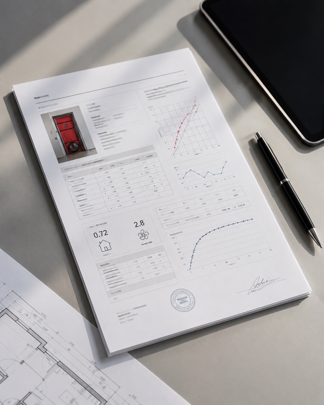 Informe certificado de ensayo Blower Door con gráficas y firma técnica